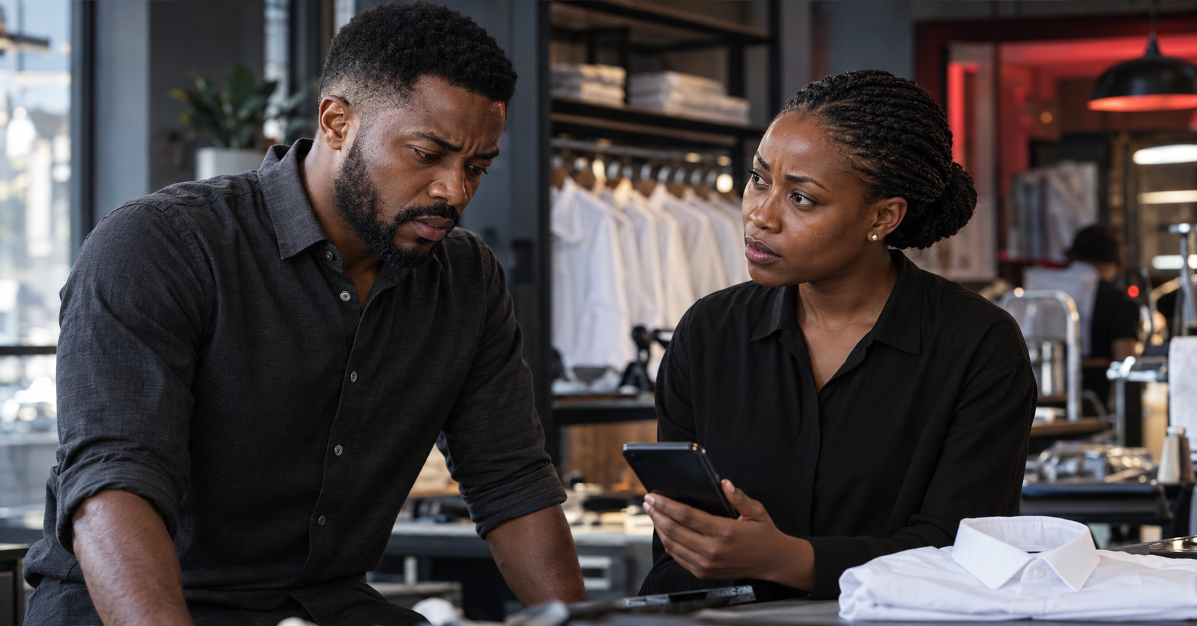 Tunde and Lerato reviewing a customer message at their laundry shop counter