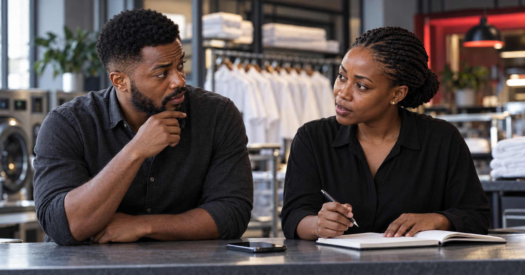 Tunde and Lerato at the laundry counter, listening closely to what a customer has told them