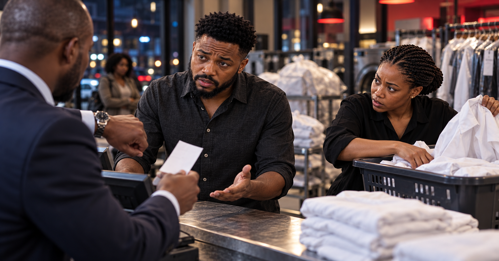 Tunde at the laundry counter, gesturing in concern as a customer holds up a receipt while Lerato looks on beside a basket of laundry